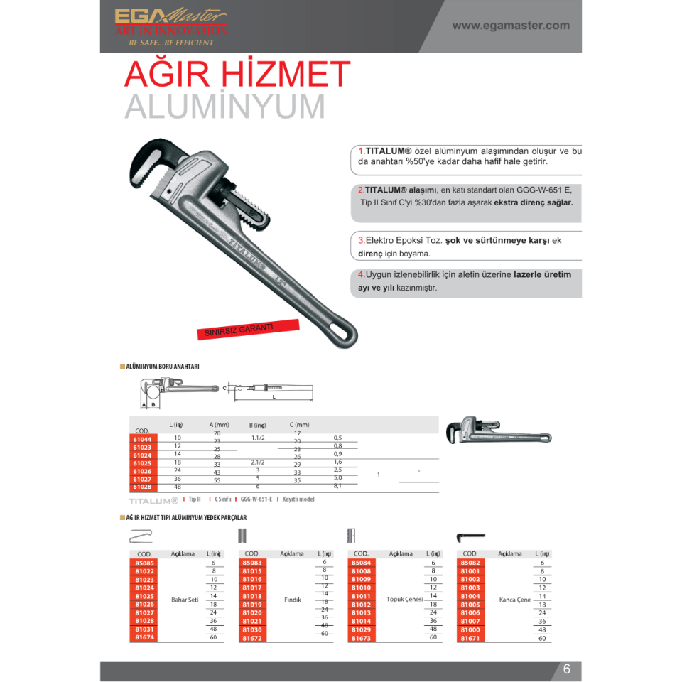 EGAMASTER 48'' ALÜMİNYUM BORU ANAHTARI