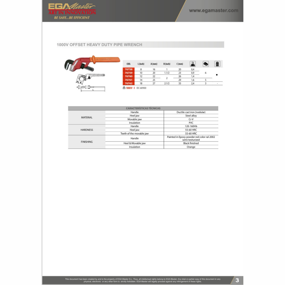 EGA MASTER 1000 V İZOLELİ  OFFSET AĞIR HİZMET TİPİ BORU ANAHTARI